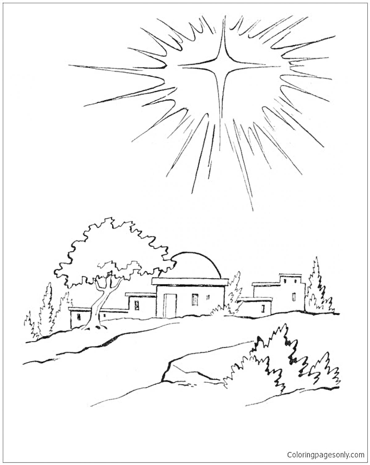 Раскраска Вифлеемская звезда над городом с деревьями и домами