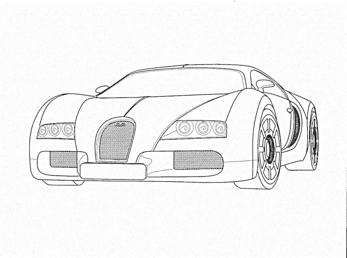 На раскраске изображено: Bugatti, Фары, Колёса, Детализированная