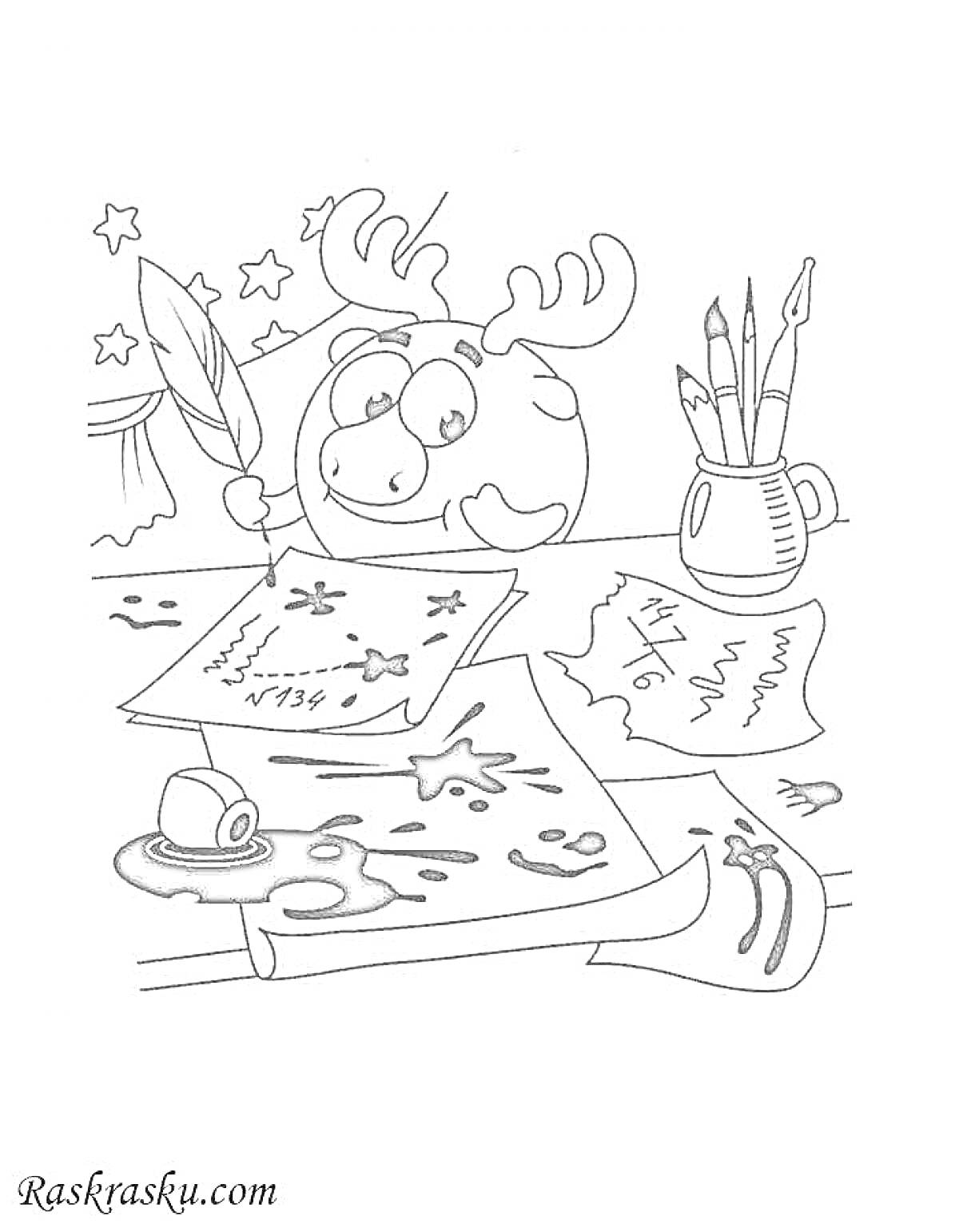 На раскраске изображено: Лосяш, Письменный стол, Бумага, Чернила, Кисти, Звезды, Комические персонажи