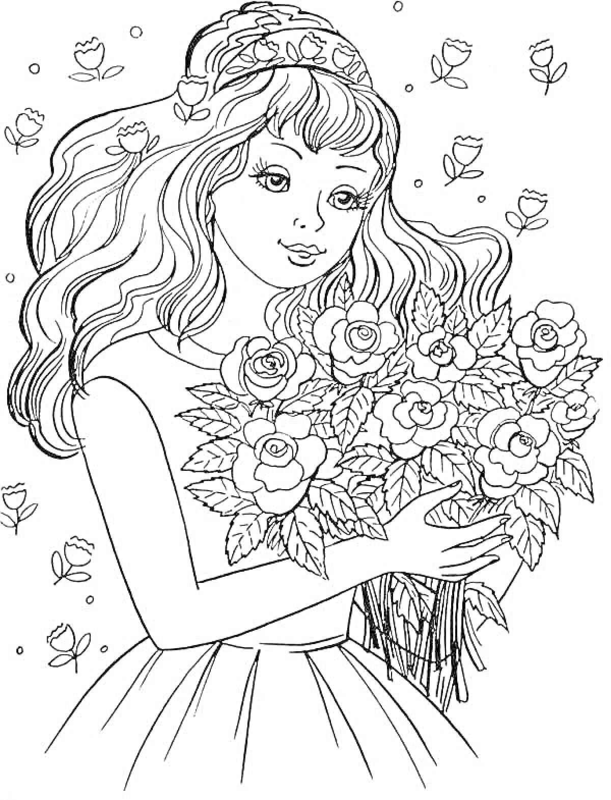 Раскраска Женщина с длинными волосами и букетом роз