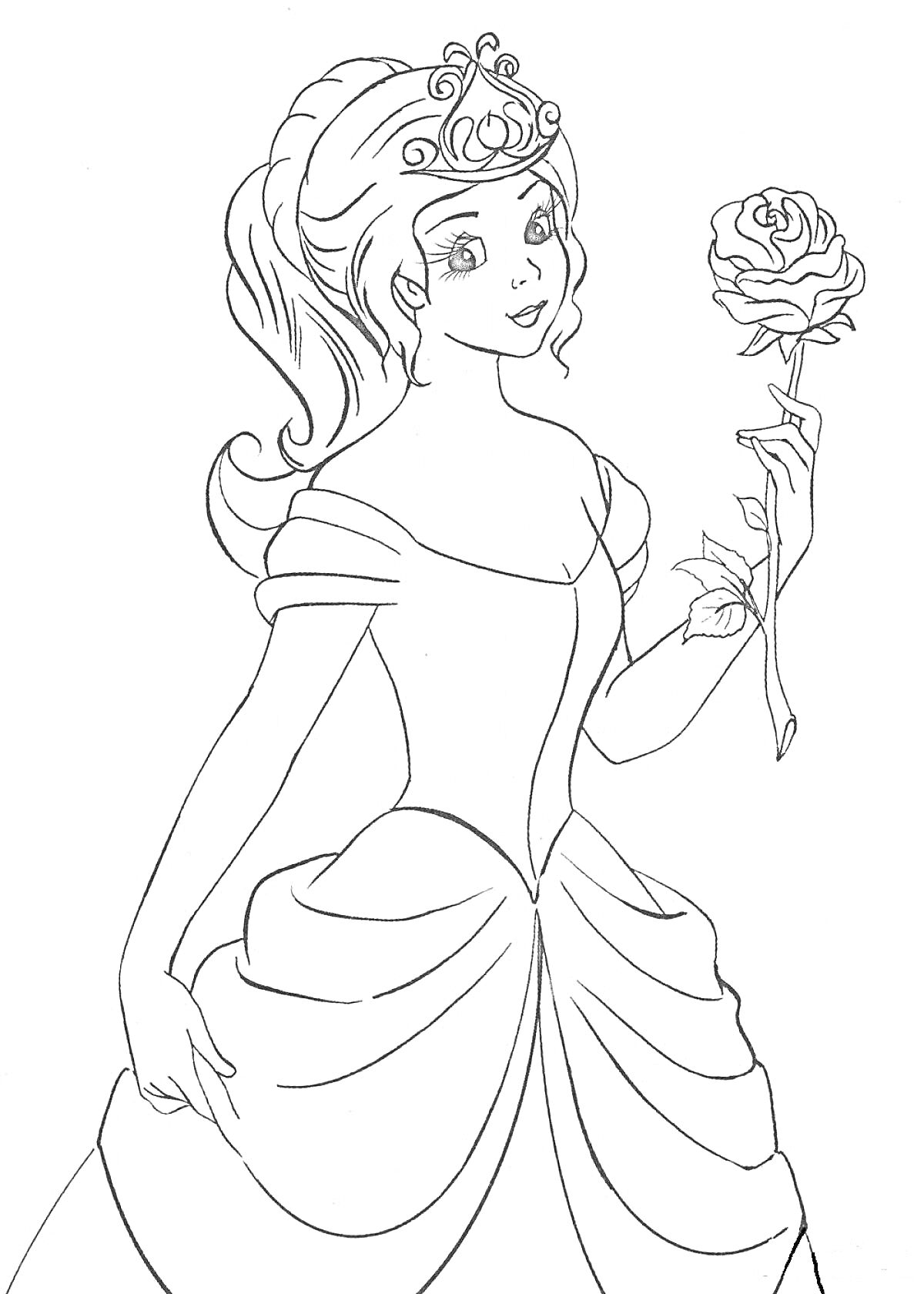 Раскраска Принцесса с розой, корона на голове, платье с пышной юбкой