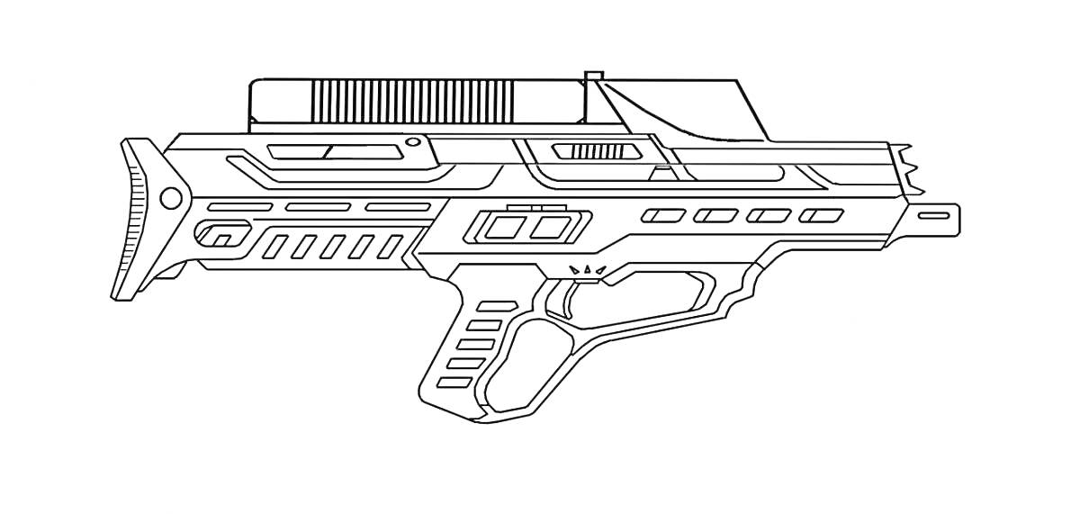 Футуристический пистолет с рельсовым механизмом, прицелом и дополнительными деталями на корпусе