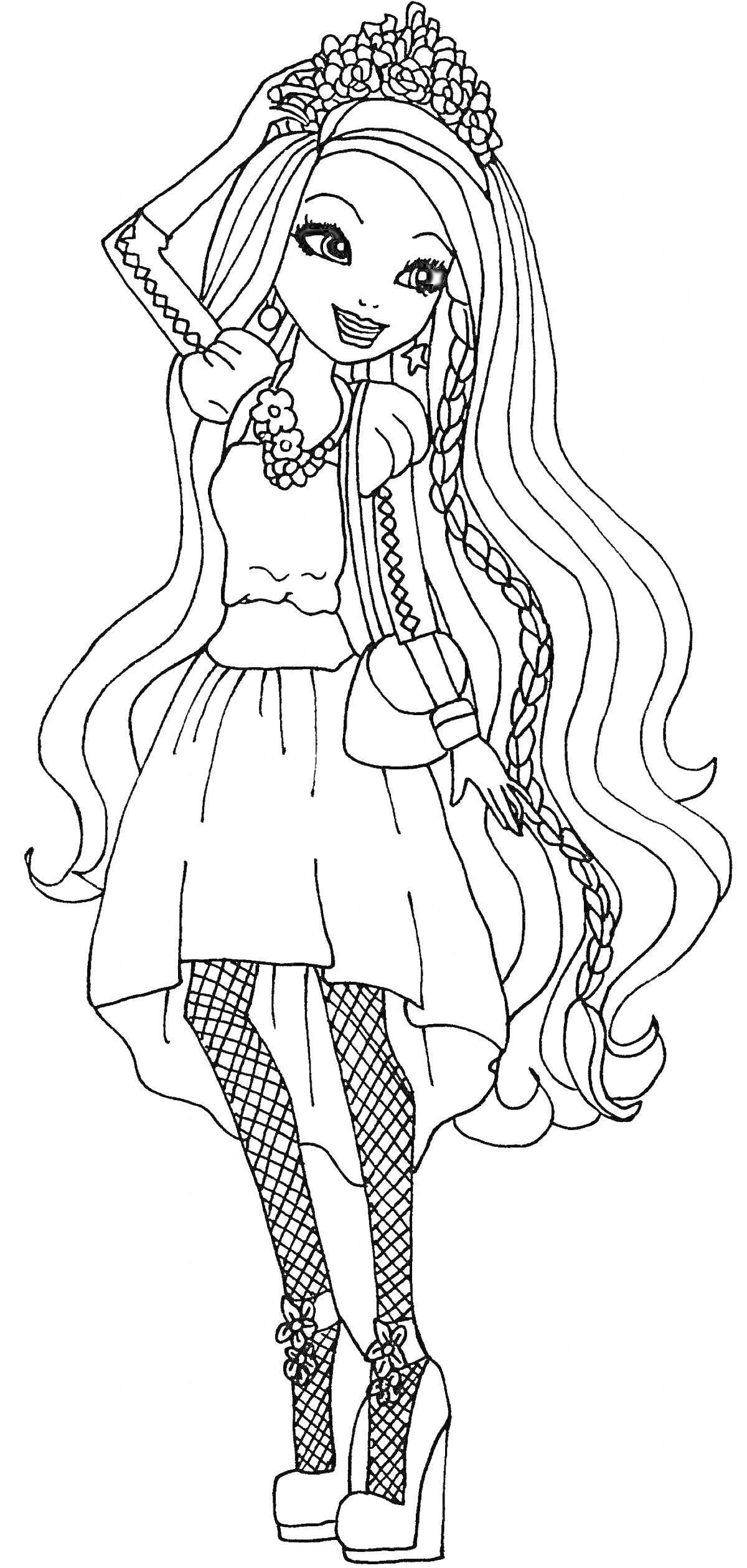 Раскраска Девушка с длинными волосами в короне и чулках в сеточку