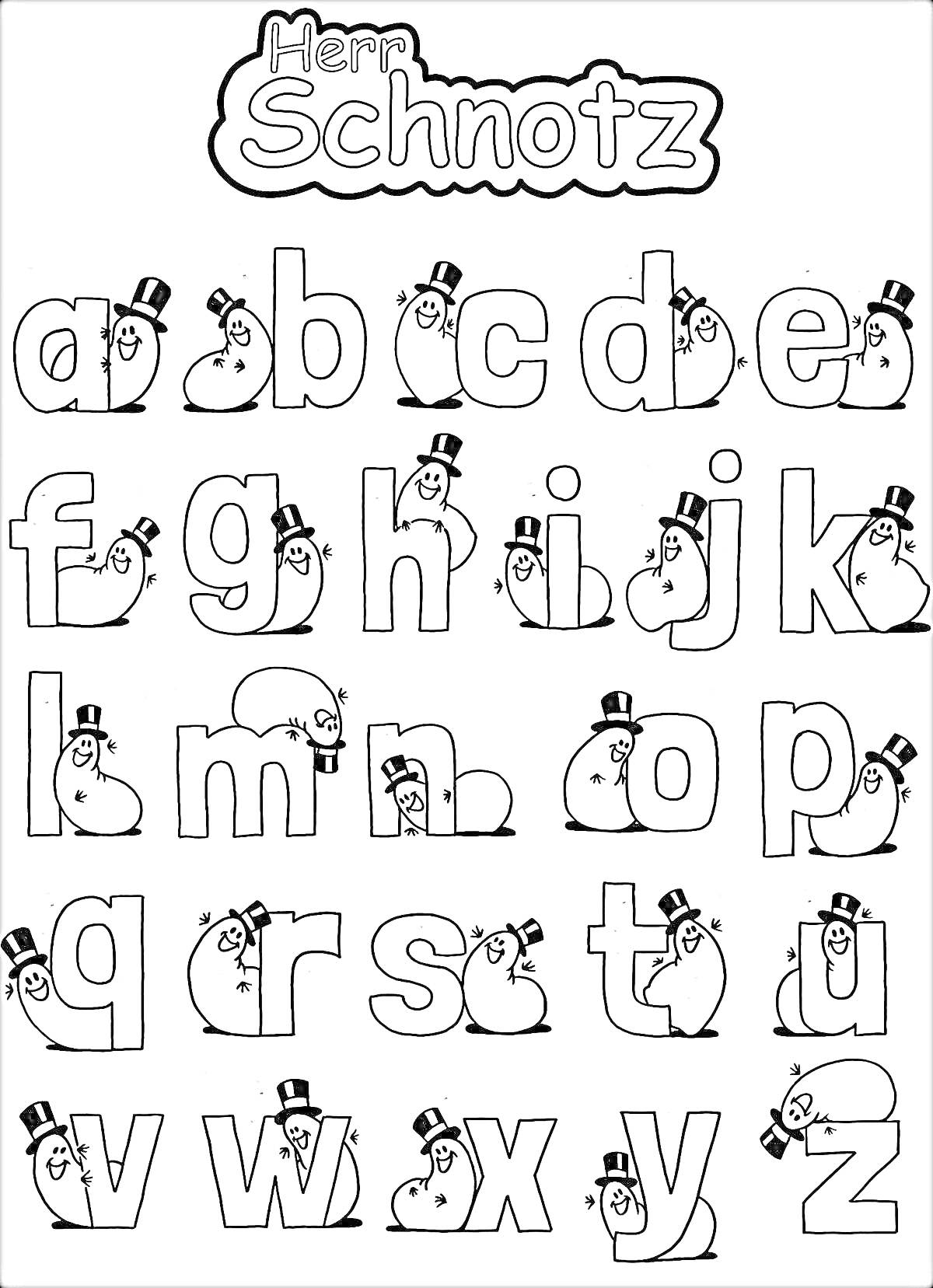 Раскраска Раскраска с английским алфавитом с изображением улыбающихся лиц, одетых в цилиндры, внутри или рядом с буквами. На верхней части написано 