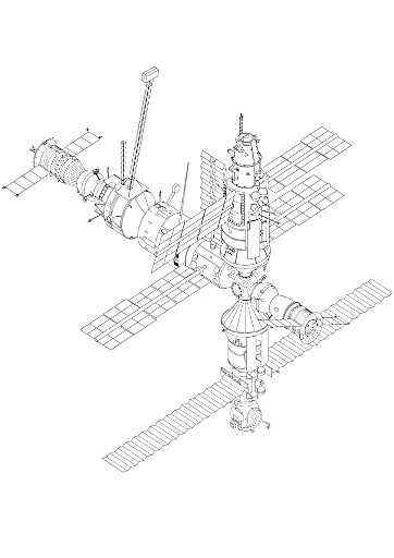 На раскраске изображено: Космос, Космическая станция, Солнечные панели, Антенны, Спутники, Техника, Наука, Исследования, Орбиты, Чертежи