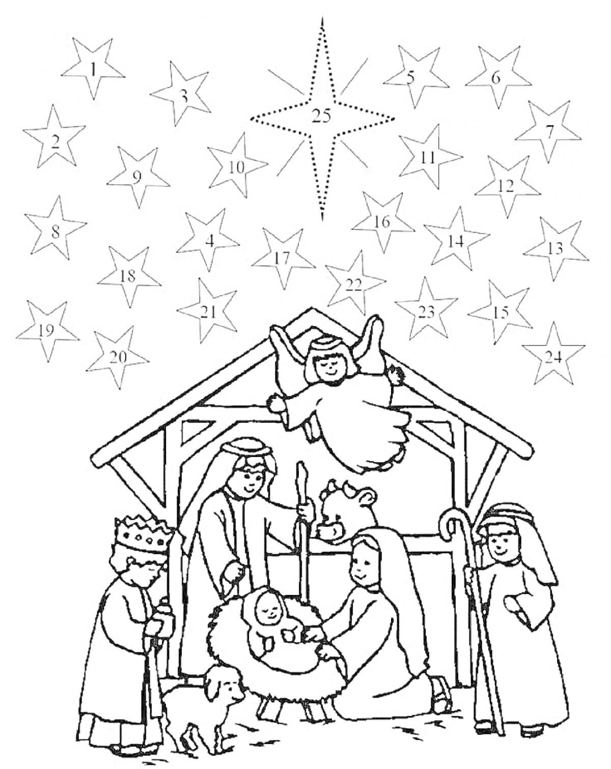 Раскраска Рождественский сюжет с яслями, ангелом, людьми и звездой на небе с числами