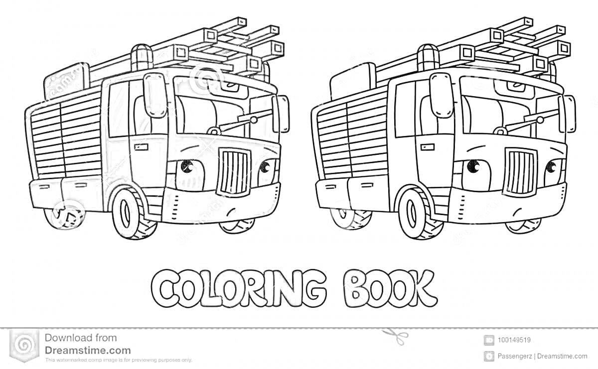 Раскраска Финли пожарная машина с лестницей и глазами на передней части, одинокий, без людей. Раскраска.