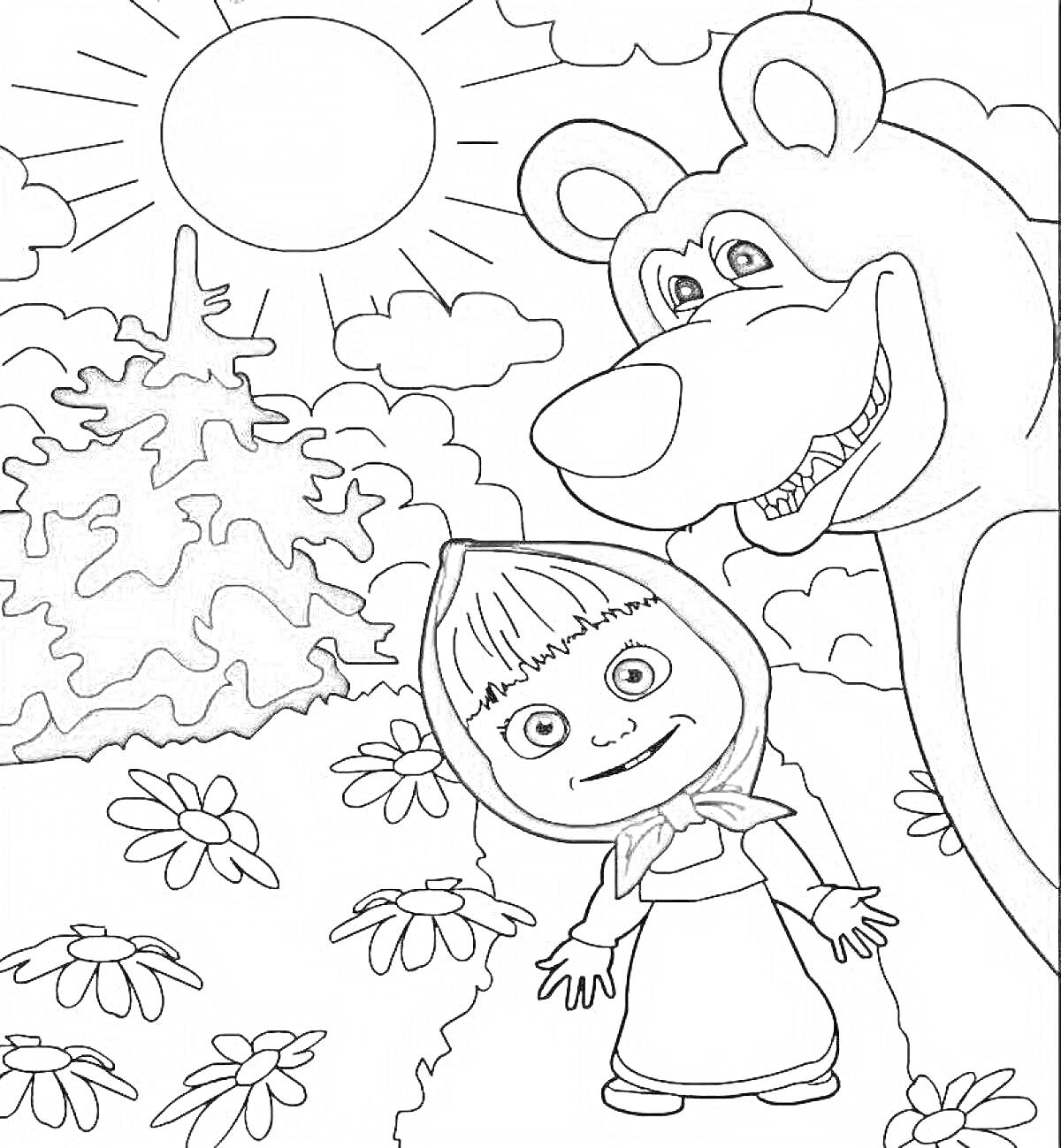 Раскраска Маша и Медведь гуляют по цветочному полю под солнцем