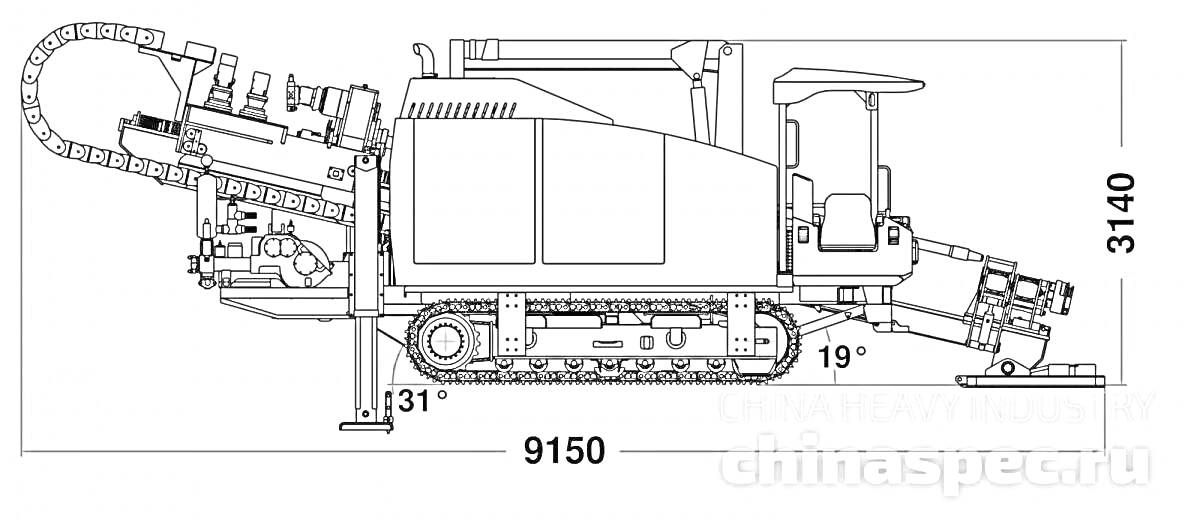 Буровая установка с гусеницами, дрелью и операционной кабиной, вид сбоку с разметкой размеров