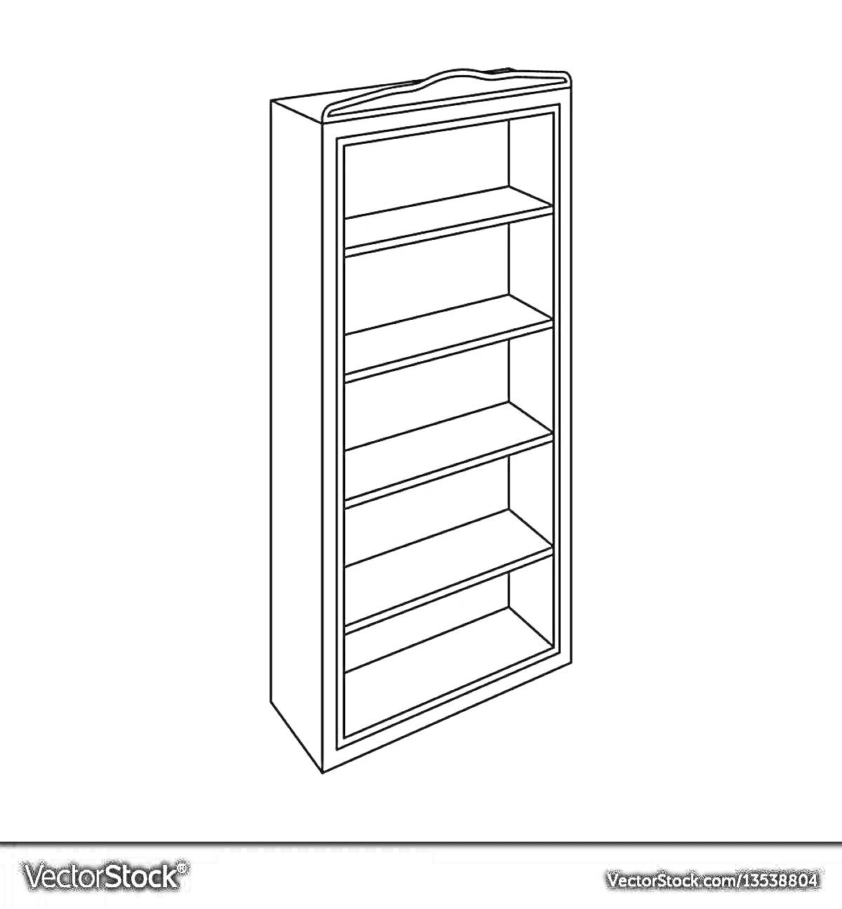 На раскраске изображено: Книжный шкаф, Полки, Мебель, Иллюстрация