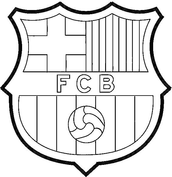 Герб футбольного клуба Барселона, крест, вертикальные полосы, буквы FCB, футбольный мяч