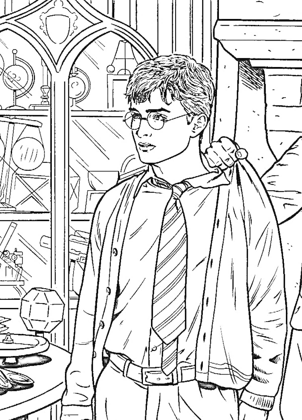 Раскраска Гарри Поттер в кабинете, полка с магическими артефактами, мужчина в мантии