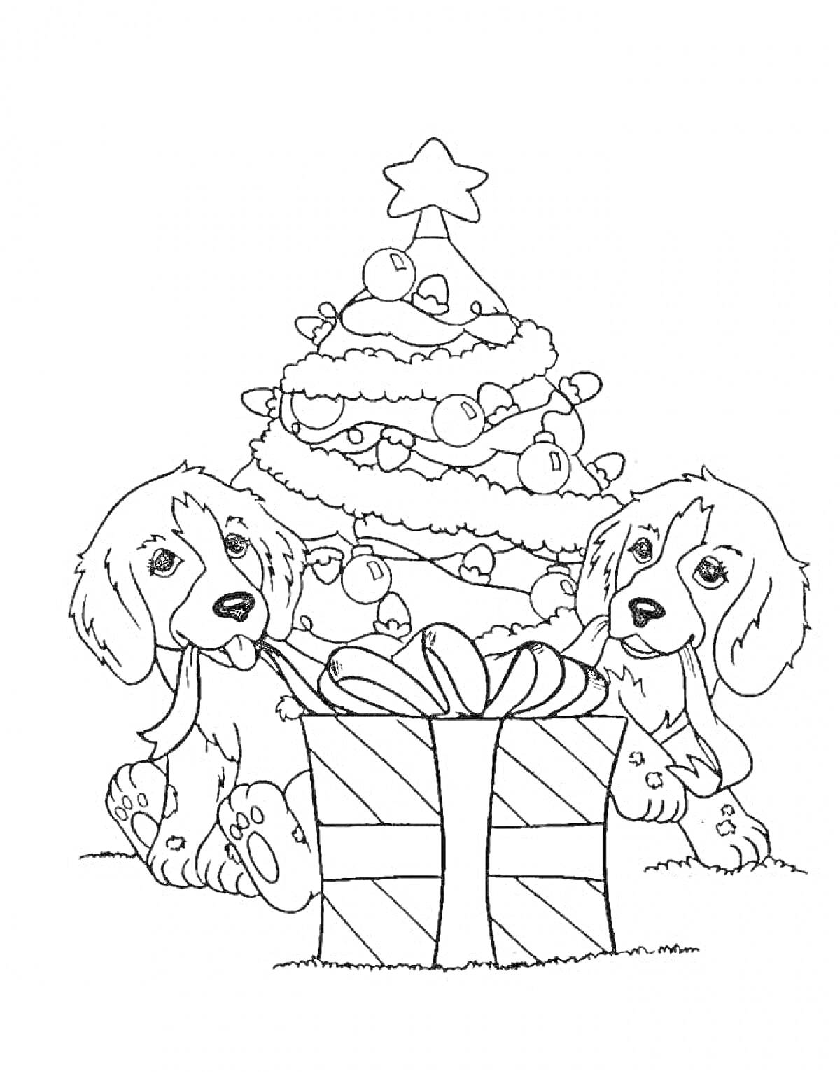 На раскраске изображено: Новогодняя елка, Украшения, Праздники, Новый год, Собака