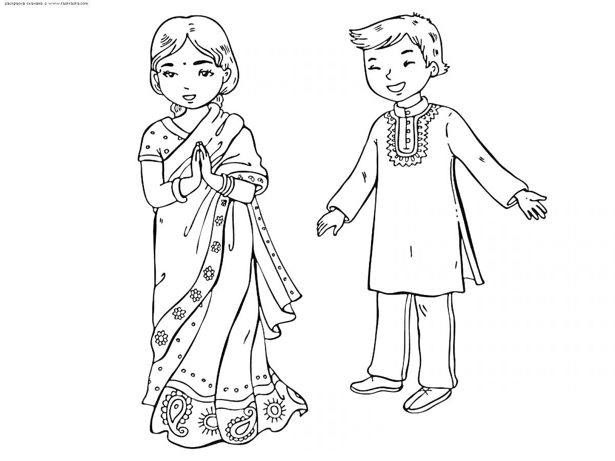 На раскраске изображено: Национальная одежда, Сари, Девочка, Мальчик, Индия, Традиции, Культура