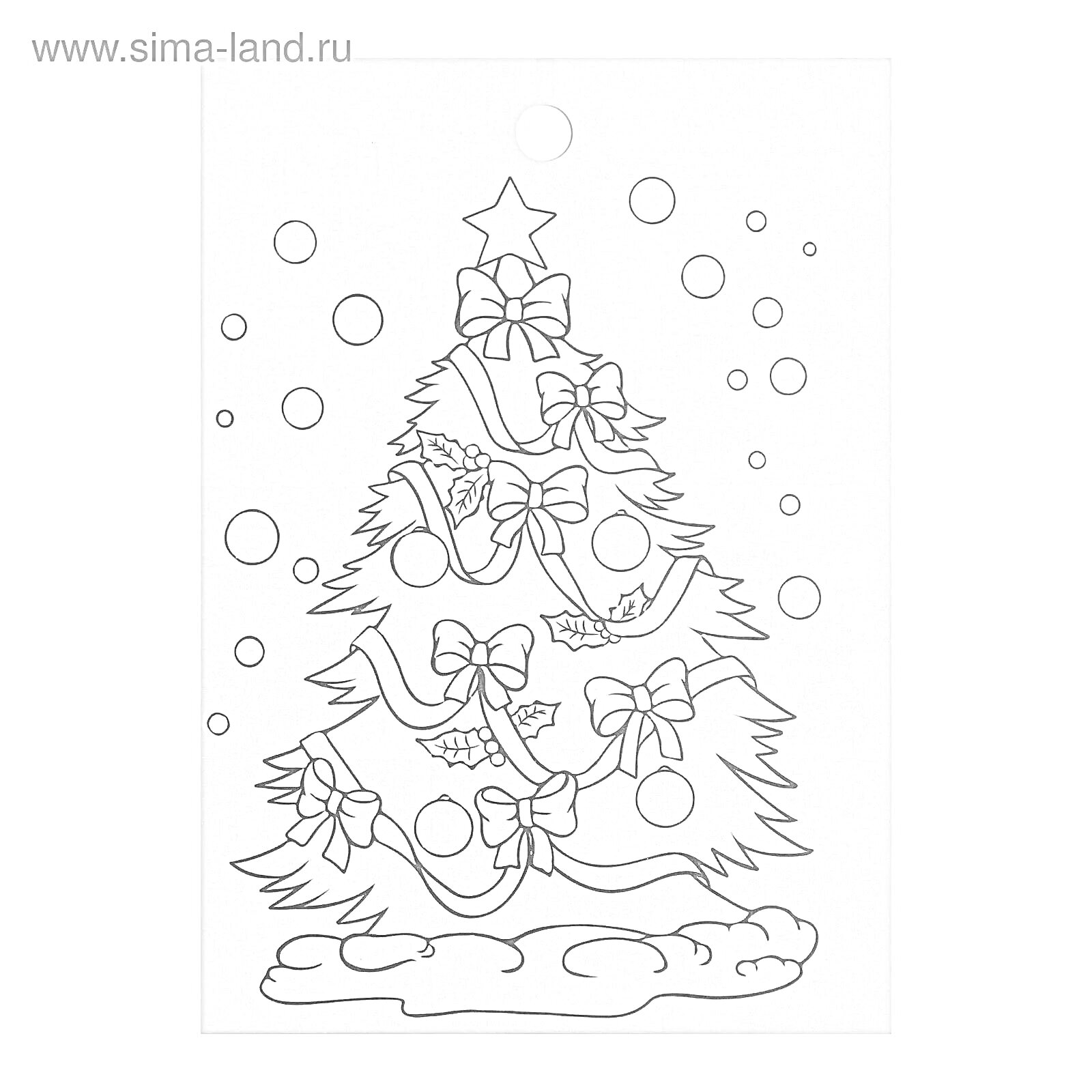 Раскраска Елка украшенная бантами и шарами, снег, снежинки