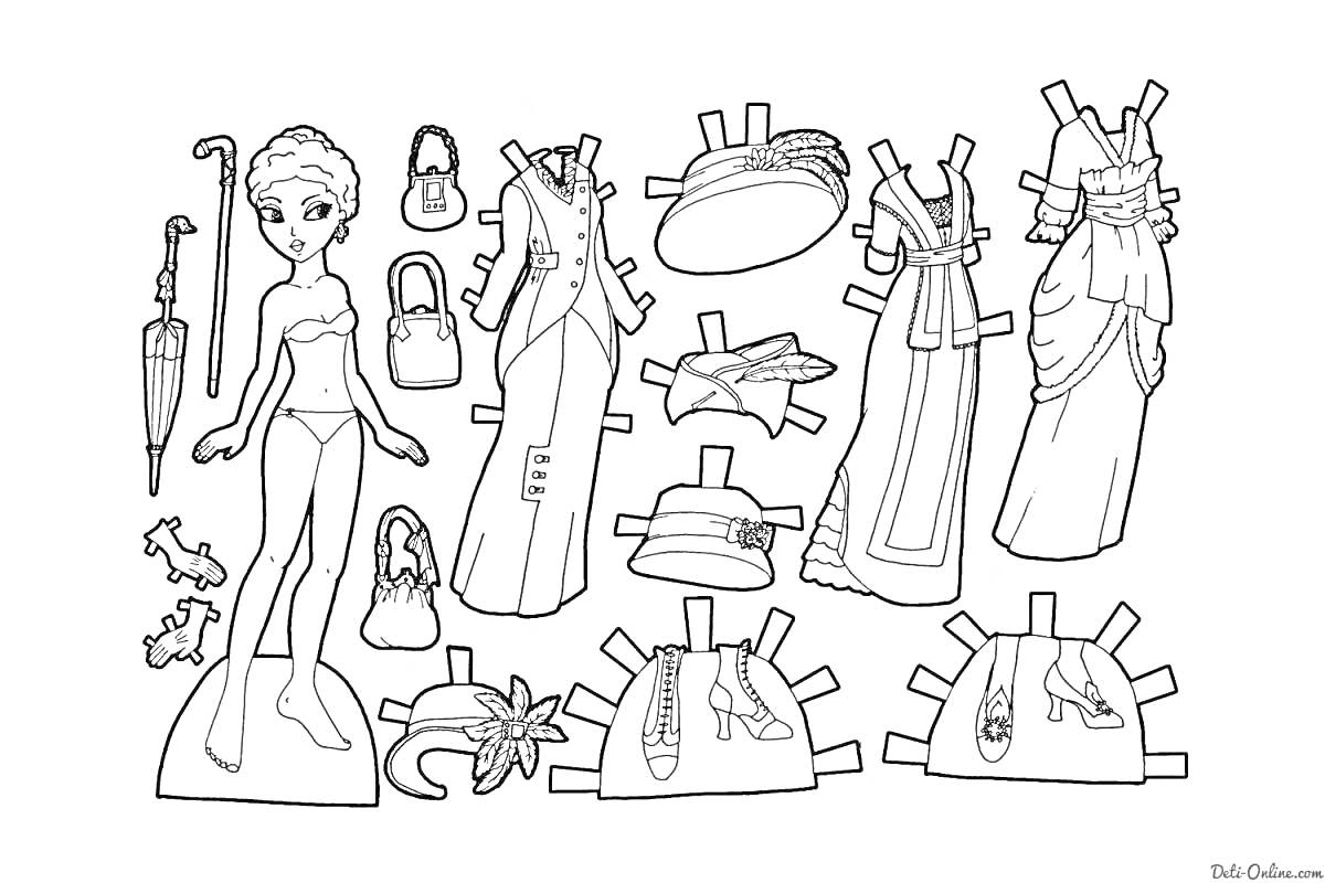 На раскраске изображено: Кукла, Эльза, Одежда, Сумка, Туфли, Бумажная кукла