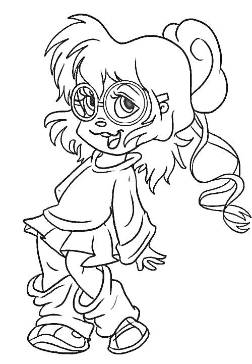 Девочка-бурундук в очках с длинными волосами, в свитере и широких брюках