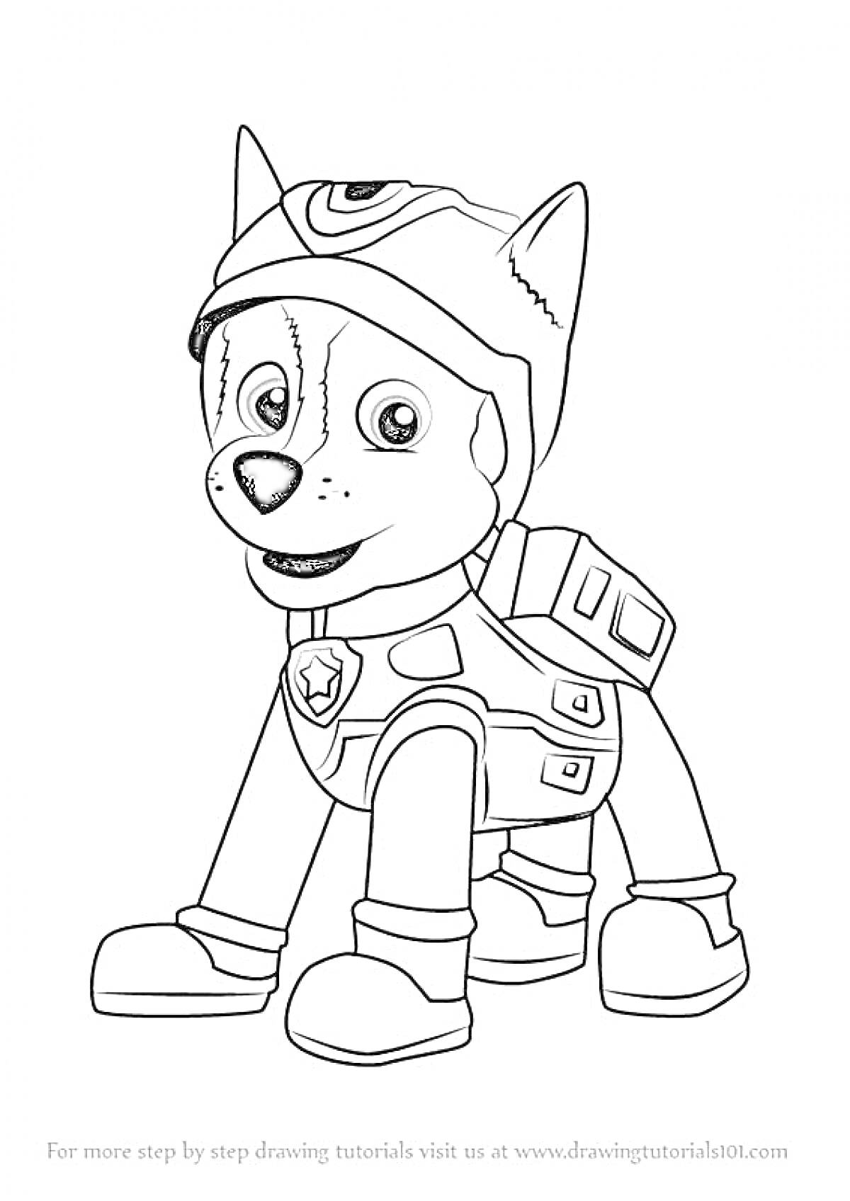 Раскраска Щенячий патруль: Гонщик в форме со значком и экипировкой