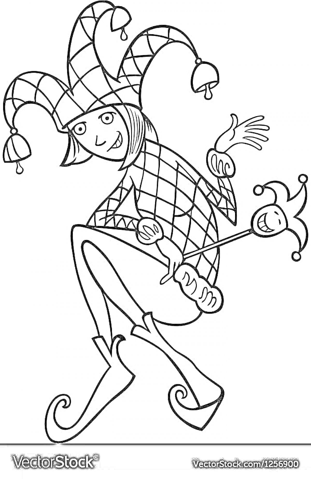 Раскраска Шут в шапке с колокольчиками и маской в руке
