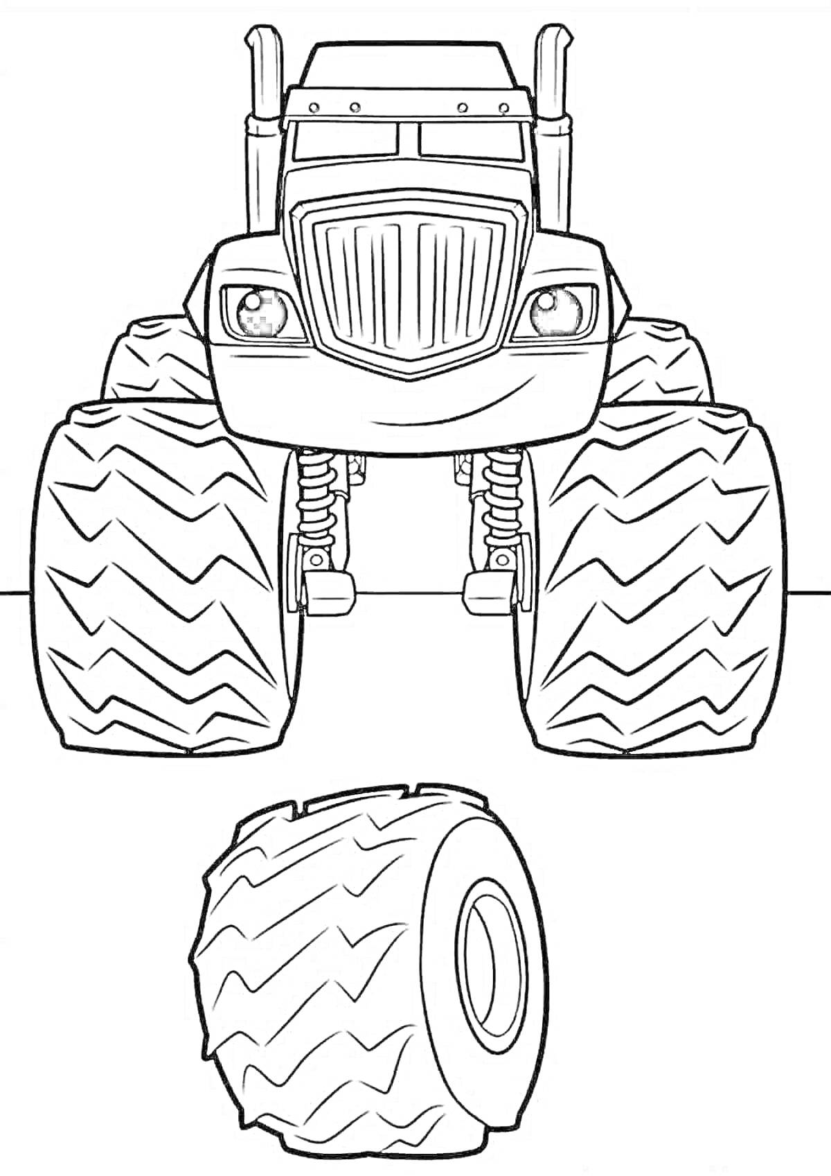 На раскраске изображено: Чудо машинки, Рык, Большие колеса