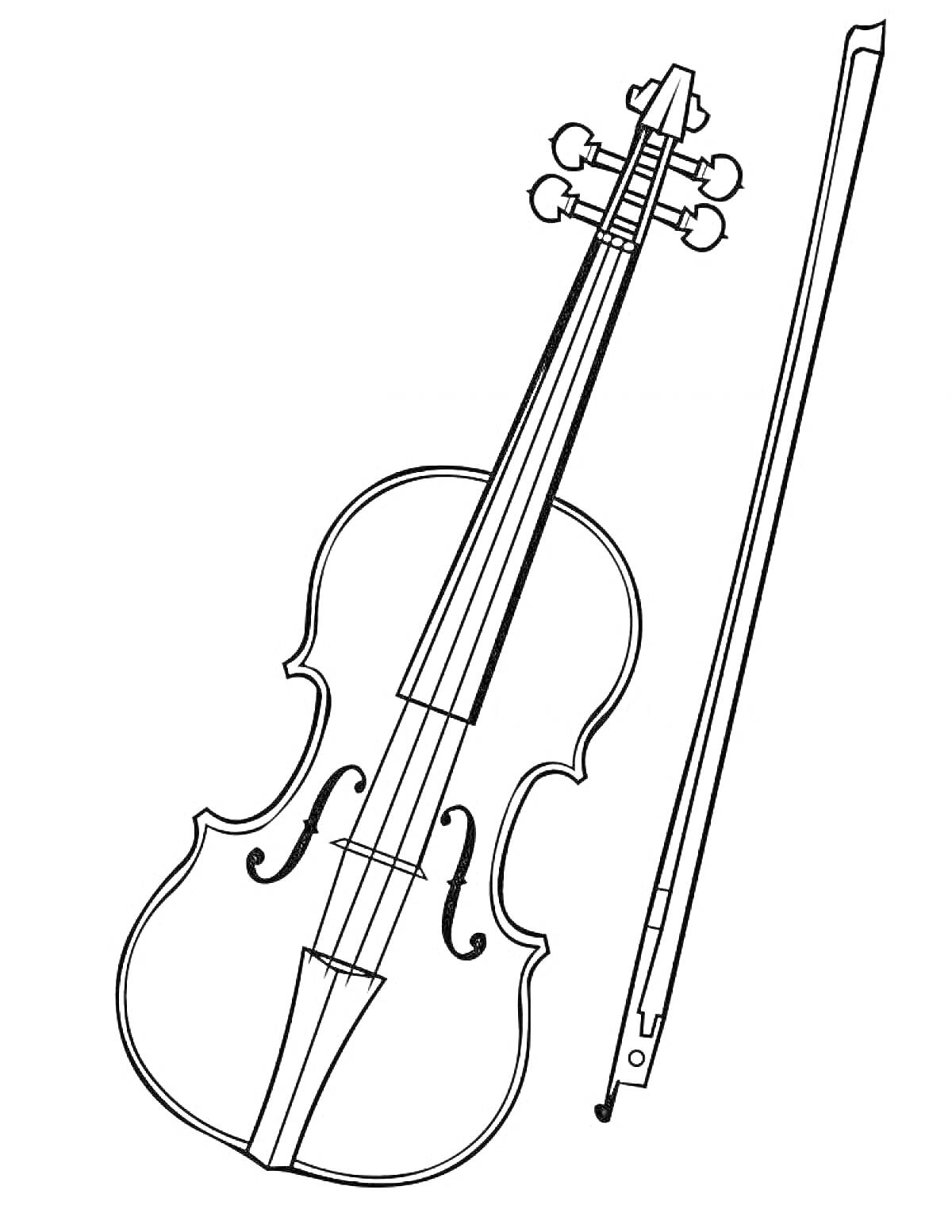 На раскраске изображено: Скрипка, Смычок, Музыкальный инструмент, Ноты, Струны, Классическая музыка