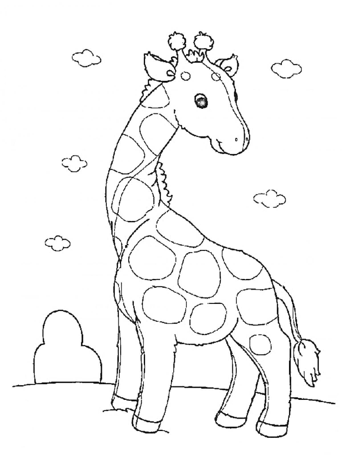 Раскраска Жираф на лужайке с облаками