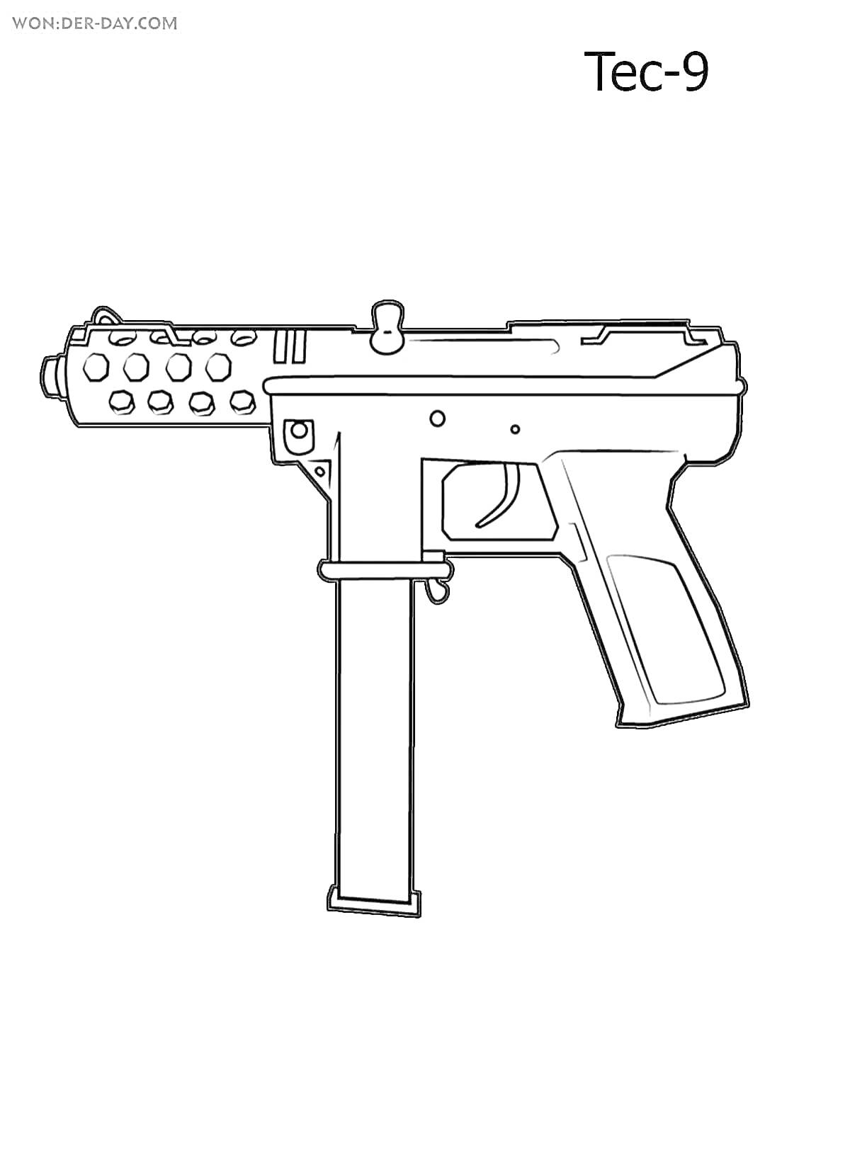 Раскраска Tec-9 на белом фоне, контурное изображение оружия, автоматический пистолет