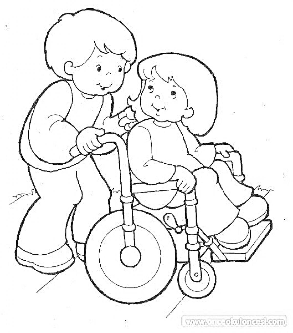 На раскраске изображено: Доброта, Помощь, Инвалидная коляска, Забота, Дружба
