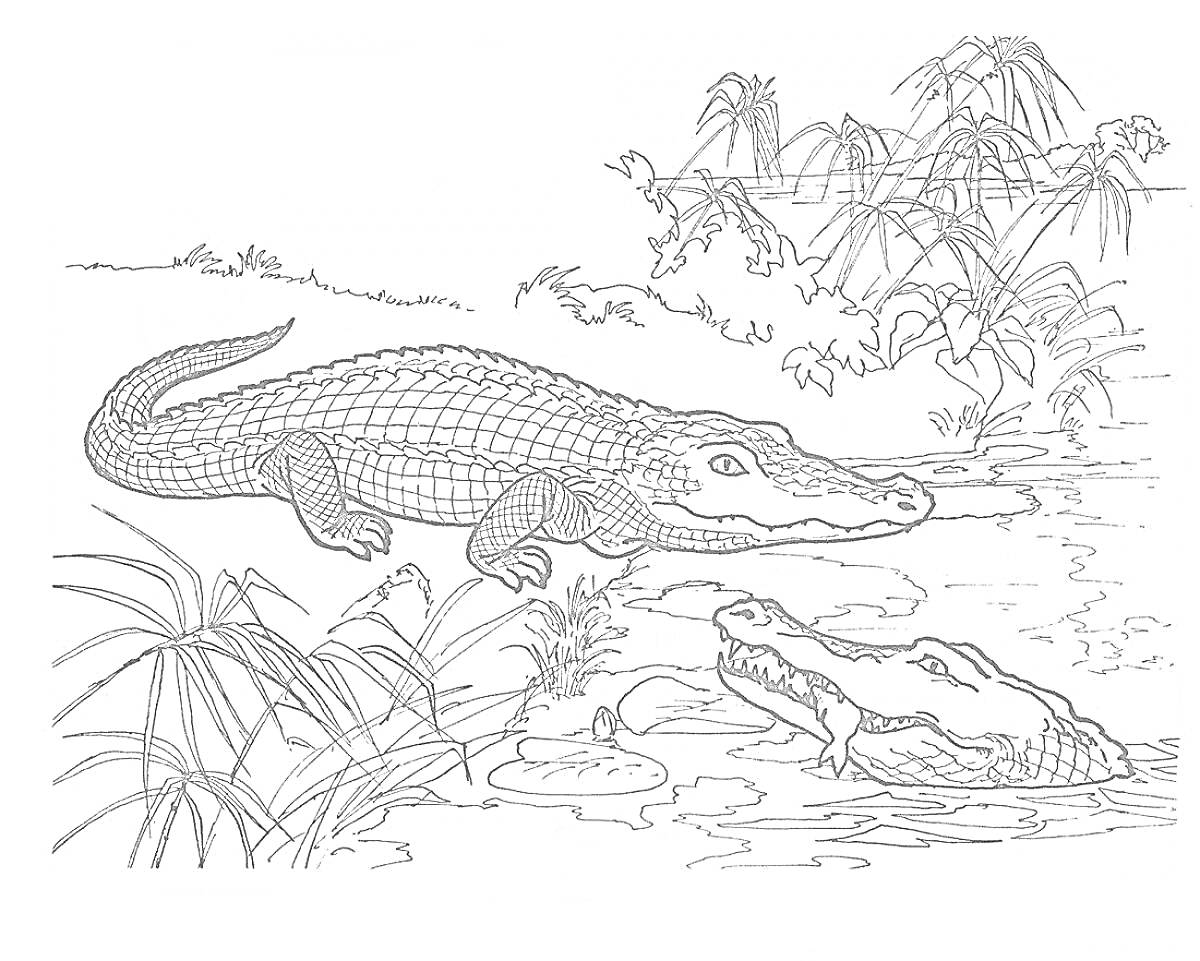 Раскраска Два крокодила возле водоёма с растительностью