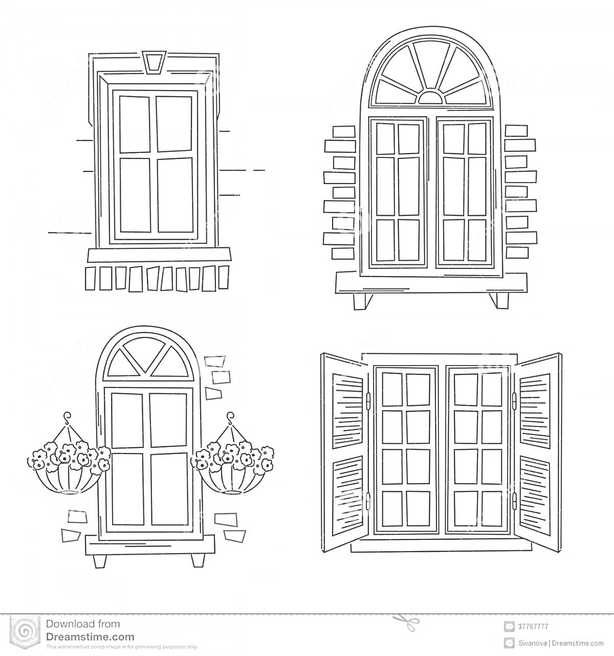 Раскраска Четыре окна со ставнями. Верхнее левое окно с прямоугольной рамой и фонарем над ним. Верхнее правое окно арочной формы с облицовкой из кирпича. Нижнее левое окно арочное с цветочными корзинами по обеим сторонам. Нижнее правое окно с открытыми ставнями.
