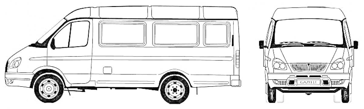На раскраске изображено: Газель, Микроавтобус, Транспорт, Авто, Контурные рисунки