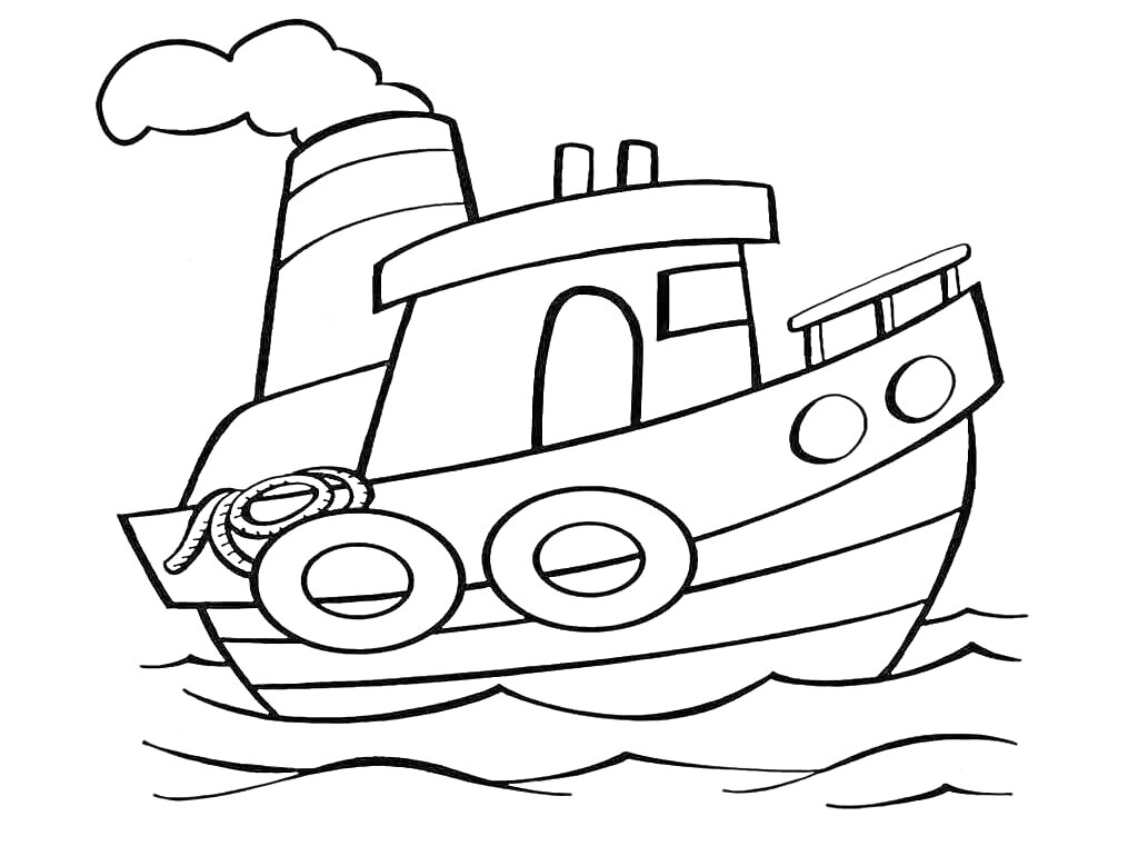 Раскраска Корабль с трубой, спасательными кругами и веревкой на волнах