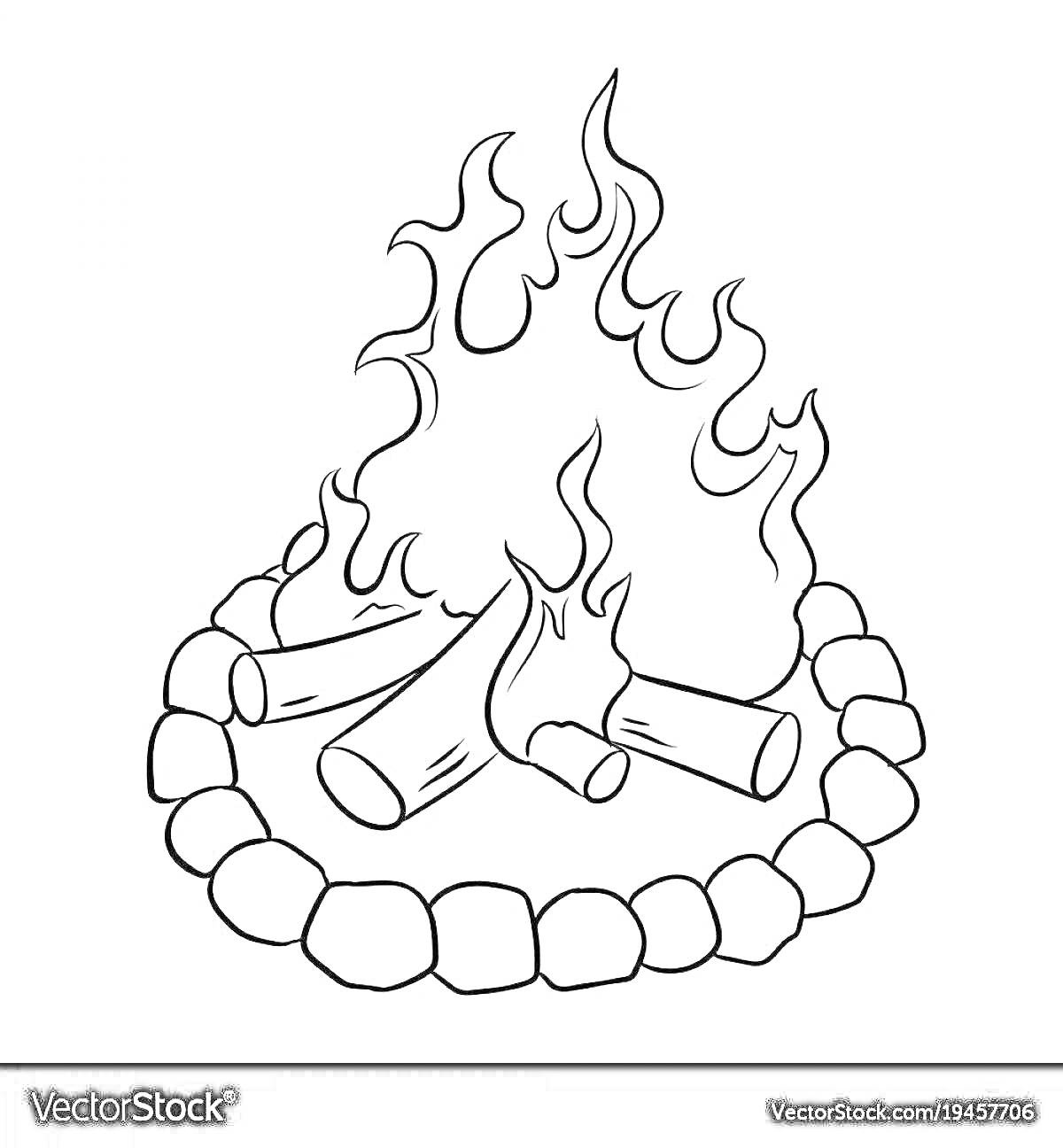 Раскраска Костер из бревен внутри каменного круга с пламенем