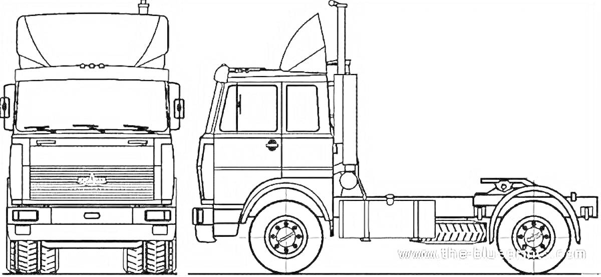 Раскраска Грузовой автомобиль МАЗ, вид спереди и сбоку