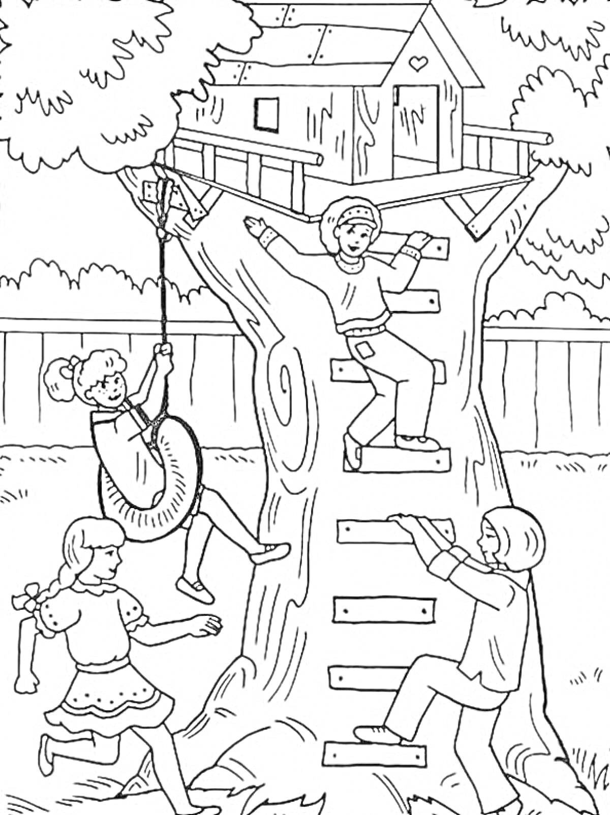 На раскраске изображено: Домик на дереве, Игра, Лестница, Качели, Двор, Счастье, Веселье, Для детей, Деревья