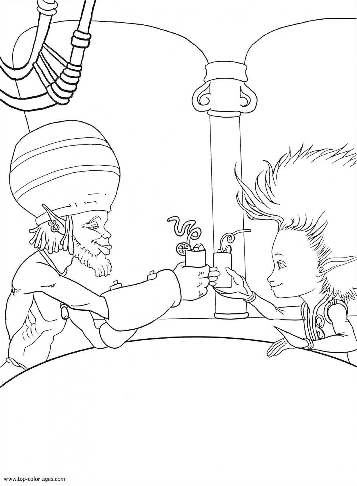 Раскраска Два человека с острыми ушами поднимают тост на фоне цилиндрической колонны и труб