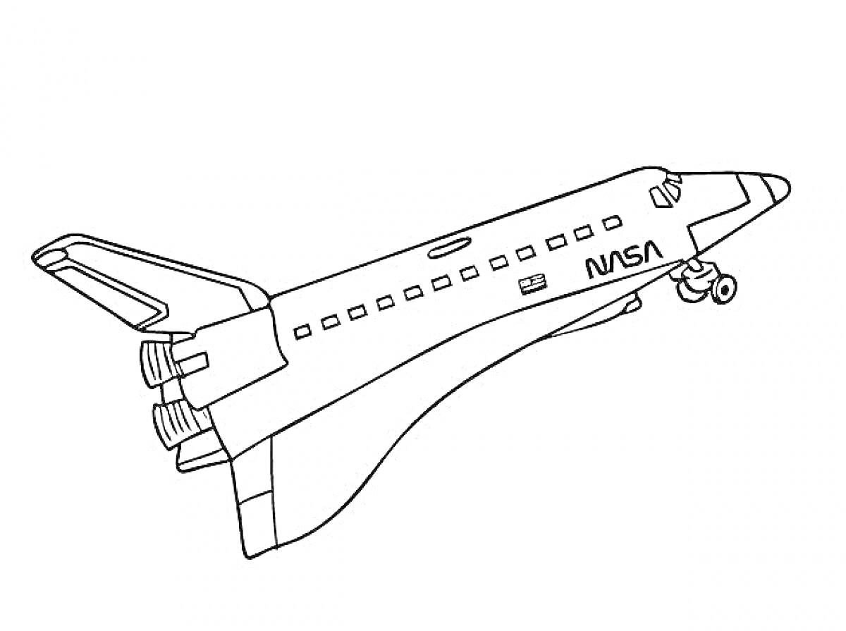 Раскраска Космический шаттл с логотипом NASA и окнами иллюминаторов