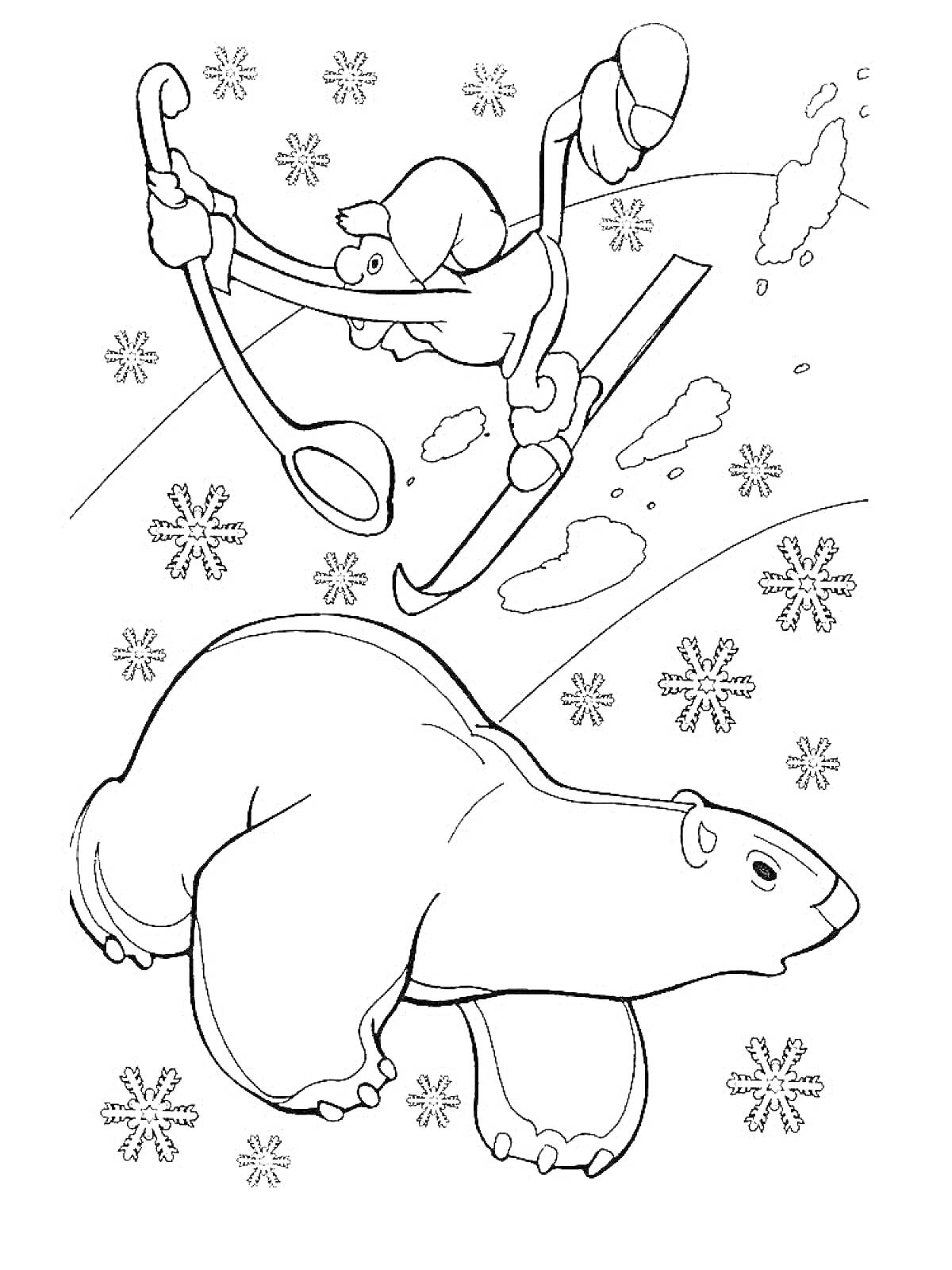 Раскраска Медвежонок на лыжах среди снежинок с белым медведем