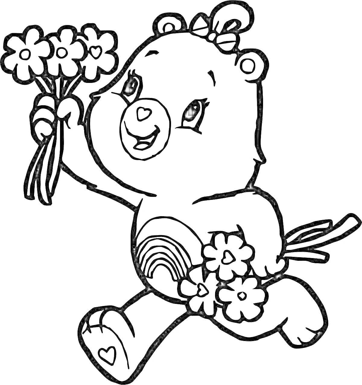 На раскраске изображено: Медведь, Цветы, Для детей, Из мультфильмов, Краски, Творчество, Радуги