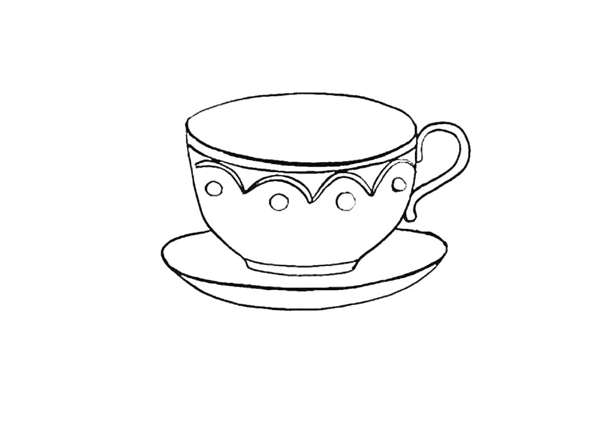 На раскраске изображено: Посуда, Чайная чашка, Блюдца, Контурные рисунки, Узоры, Чашки
