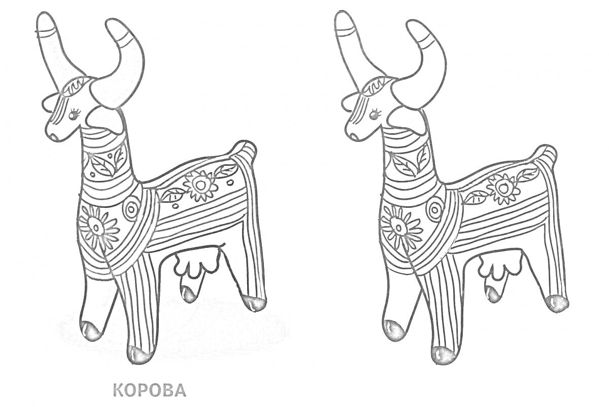 На раскраске изображено: Свистулька, Корова, Узоры, Рога, Для детей, Творчество