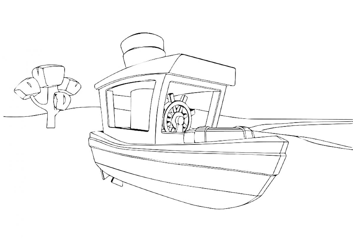 Раскраска Грузовичок Лева на лодке у берега с деревом