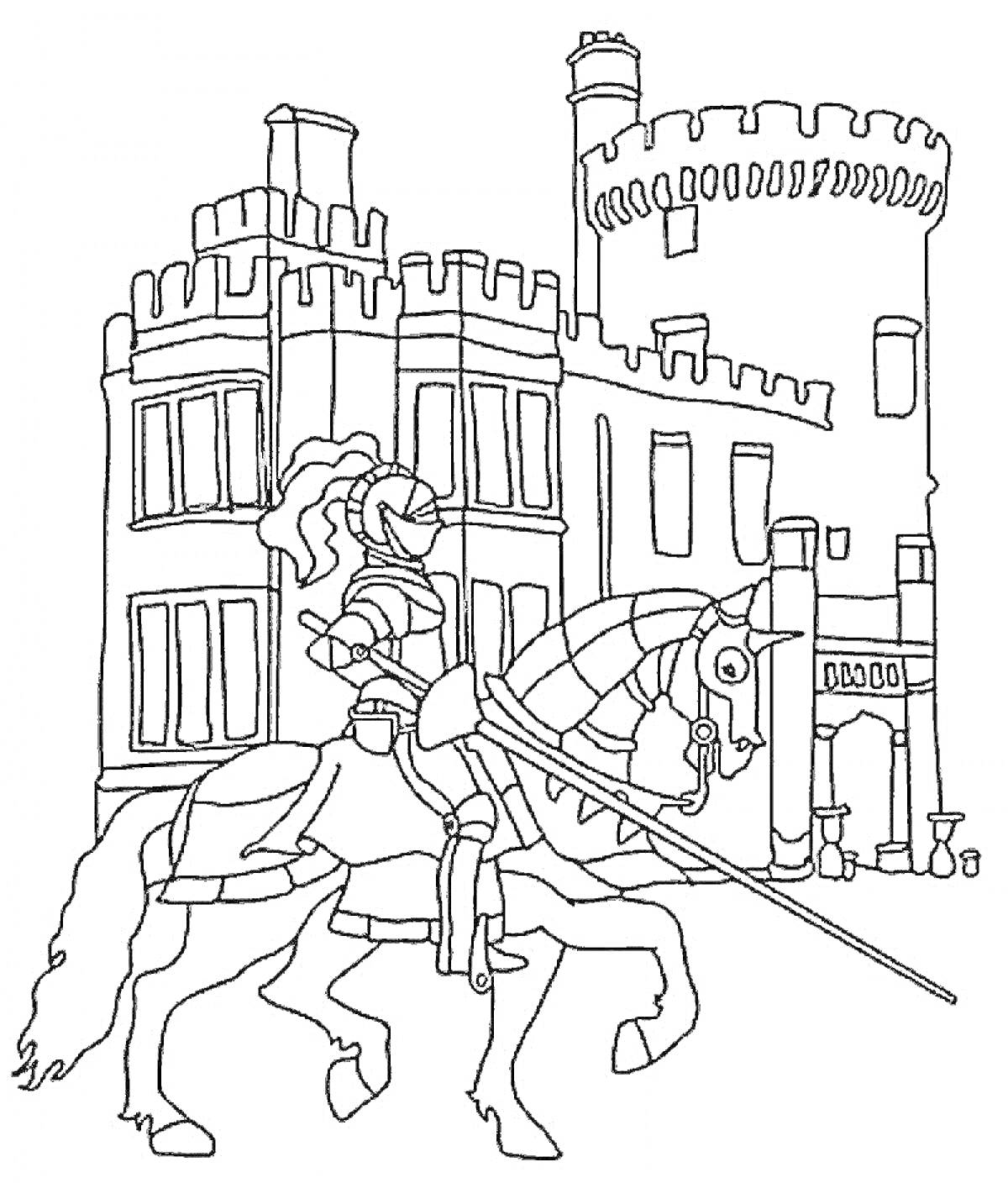 Раскраска Рыцарь на коне перед замком с башней