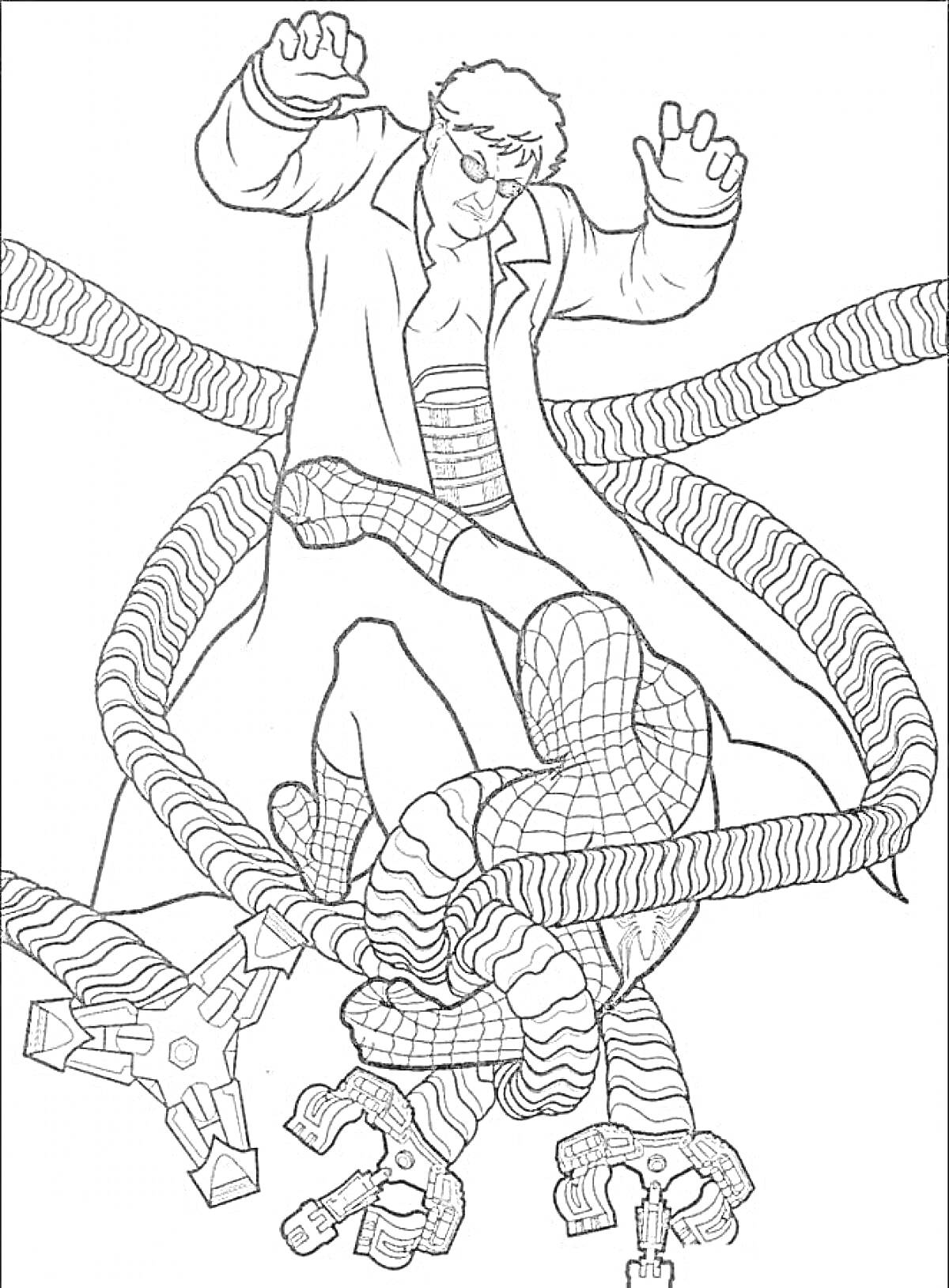 На раскраске изображено: Человек-паук, Доктор осьминог, Битва, Супергерои, Щупальца, Комиксы