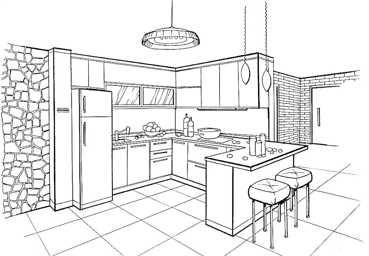 Современная кухня с кухонным островом, столешницей, барными стульями, подвесными светильниками и бытовой техникой