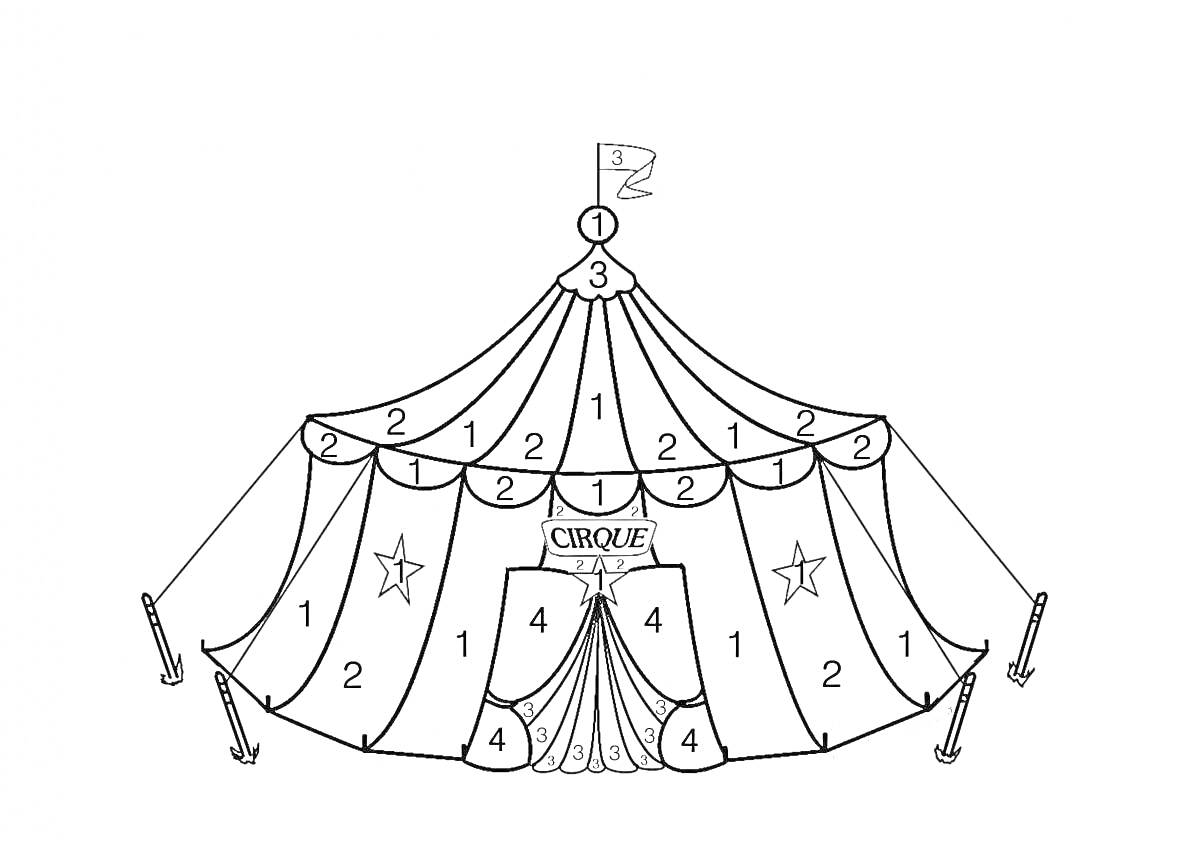 Раскраска цирковая палатка с флагом, надписью 