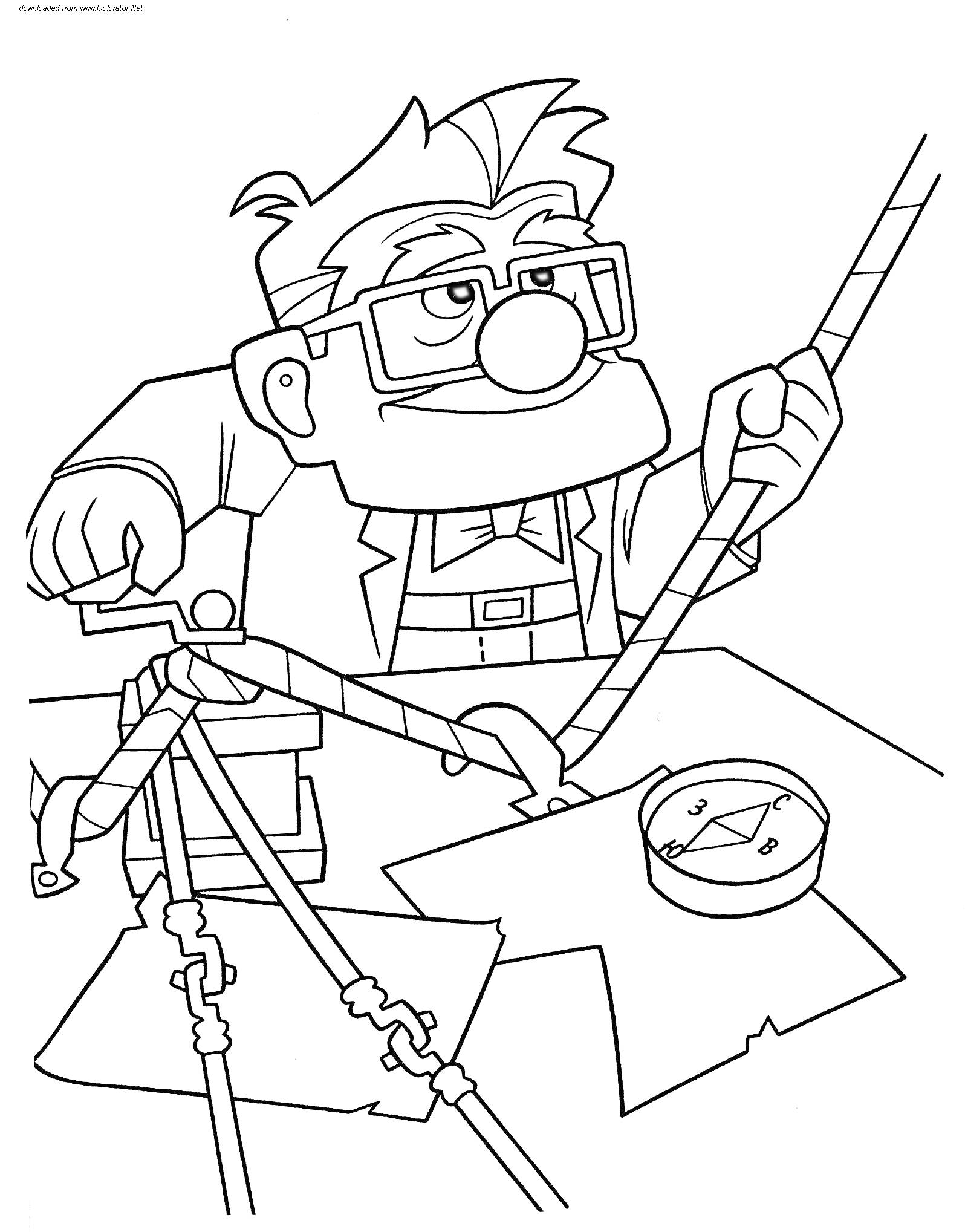 Раскраска Пожилой человек с тростью и картой, рядом компас и веревка