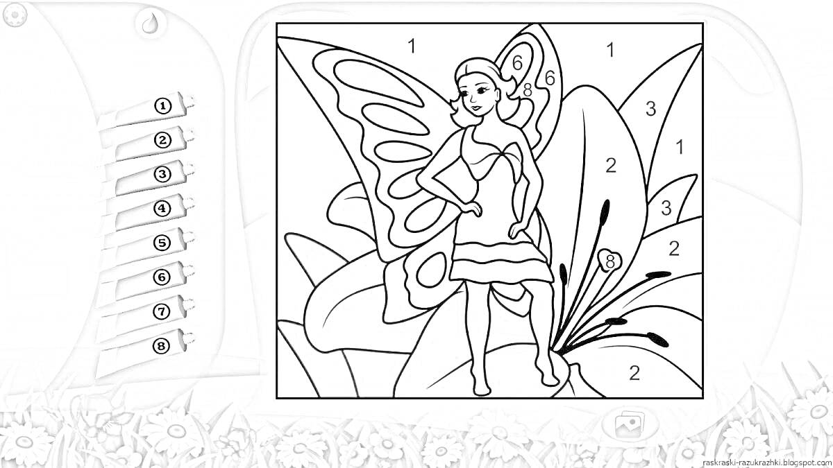 Фея-бабочка с цветком, цифры для раскрашивания, цветные карандаши, фон с цветами