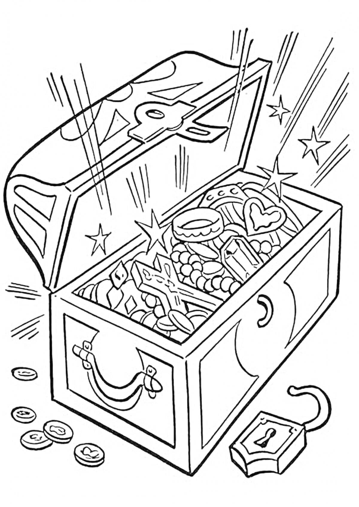 Раскраска Сундук с сокровищами, наполненный монетами, драгоценностями и бриллиантами, с открытым замком и раскиданными монетами рядом