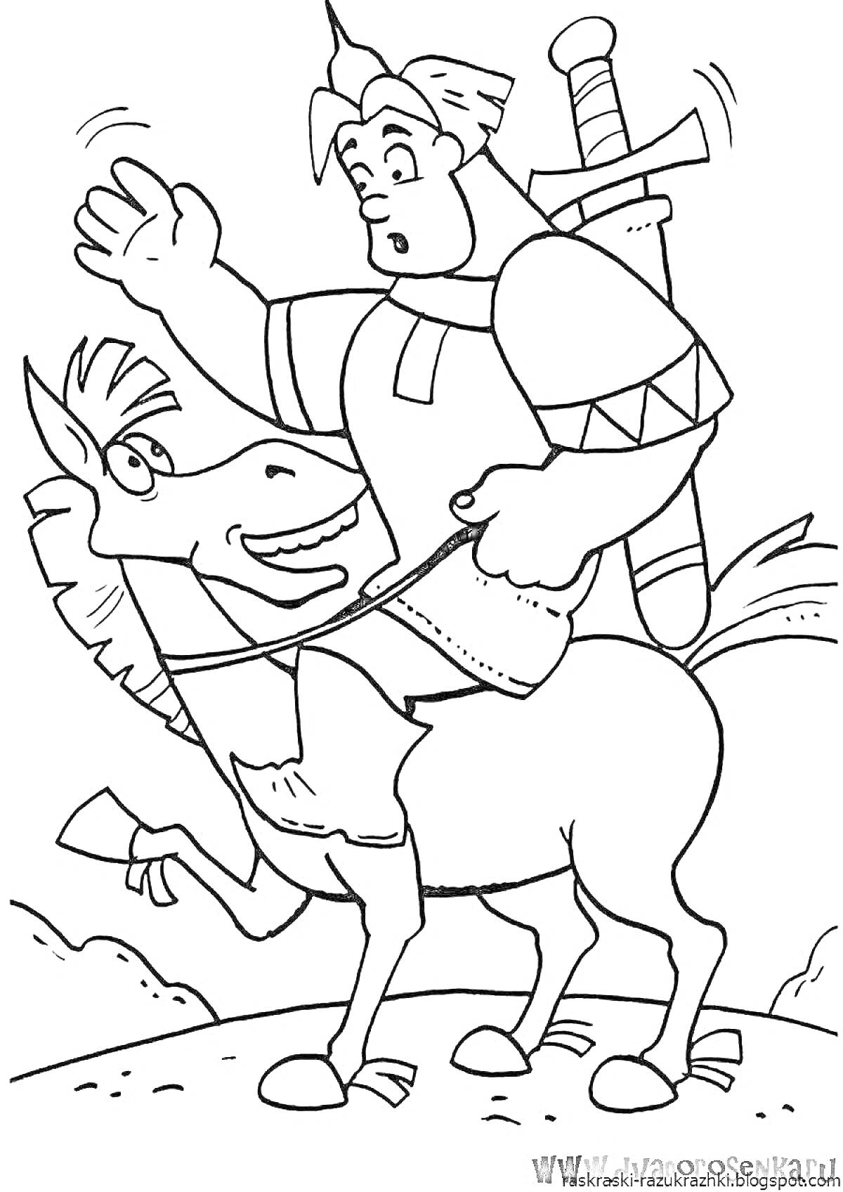 На раскраске изображено: Богатырь, Конь, Меч, Для детей